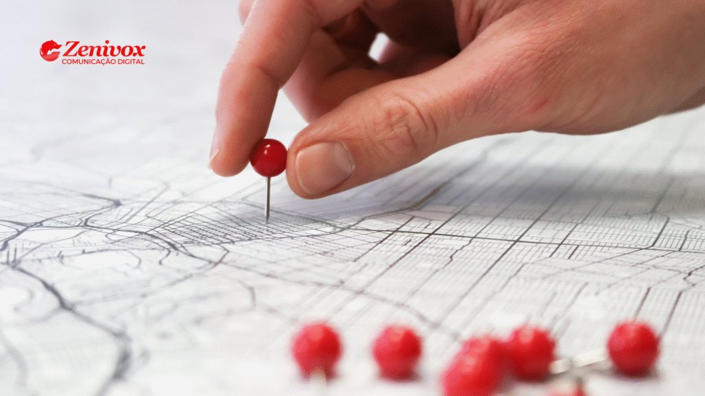 Imagem de uma mão posicionando um alfinete vermelho sobre um mapa urbano em preto e branco, representando a aplicação estratégica do geomarketing em planejamento territorial. No canto superior esquerdo, está o logotipo da Zenivox Comunicação Digital.