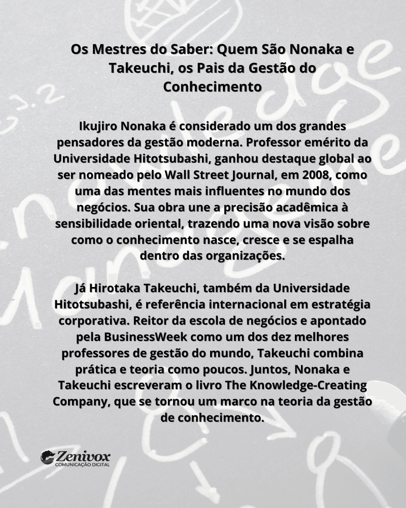 Imagem com título "Os Mestres do Saber: Quem São Nonaka e Takeuchi, os Pais da Gestão do Conhecimento", contendo texto explicativo sobre os dois teóricos japoneses que criaram o modelo SECI e revolucionaram a administração nas empresas.