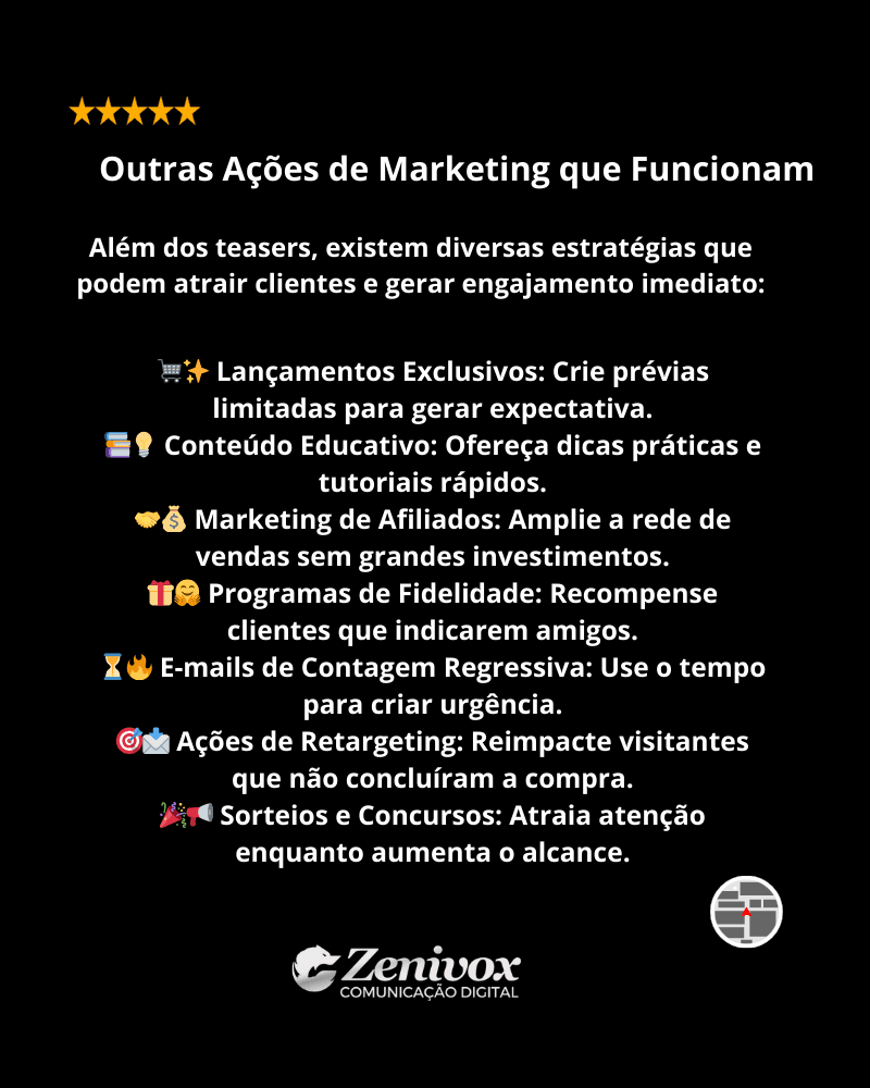 Infográfico apresentando estratégias de marketing com ícones ilustrativos, fundo preto, texto branco e logotipo da Zenivox Comunicação Digital em destaque na base da imagem.