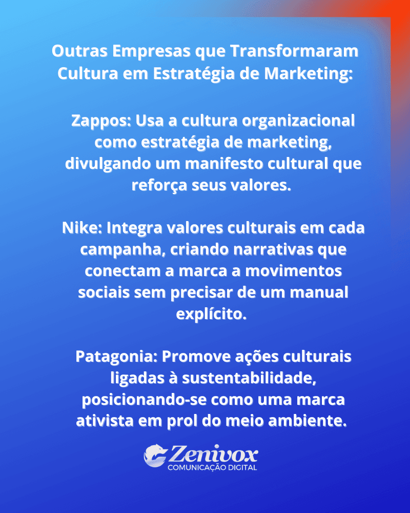 Infográfico destacando três empresas que transformaram cultura em estratégia de marketing: Zappos, Nike e Patagonia, com fundo em degradê azul e logo da Zenivox na base.