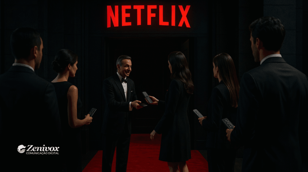 Imagem conceitual de onboarding de clientes inspirado na Netflix, retratando uma experiência de boas-vindas luxuosa e exclusiva. Na entrada de um ambiente elegante e cinematográfico, um concierge de terno entrega controles remotos personalizados para novos usuários, simbolizando a entrega de valor e a personalização do processo de onboarding. A ambientação premium, com tapete vermelho e iluminação sofisticada, remete ao conceito de transformar inscrições em relacionamentos duradouros.