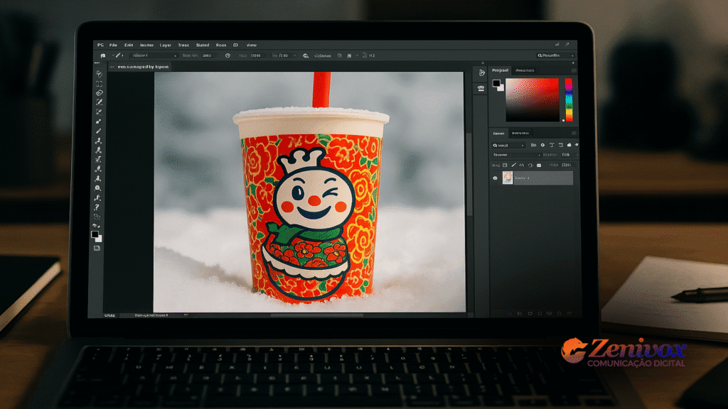 Imagem de um laptop com a tela aberta exibindo um software de edição gráfica. Na tela, um copo da Mixue em destaque, decorado com um design vibrante e o mascote Snow King piscando. O fundo do copo é composto por flores coloridas em tons quentes, reforçando o apelo e a identidade da marca. O logo da Zenivox está posicionado no canto inferior direito.