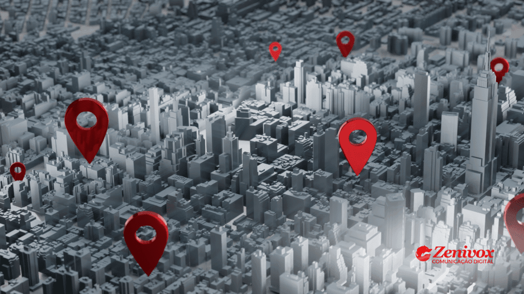 Imagem de uma cidade tridimensional com grandes pinos de geolocalização vermelhos posicionados em diferentes áreas urbanas, representando o conceito de geomarketing. Os prédios são todos em tons de cinza e azul escuro, enquanto os pinos se destacam com uma cor vermelha vibrante. No canto inferior direito, está o logotipo da Zenivox Comunicação Digital.