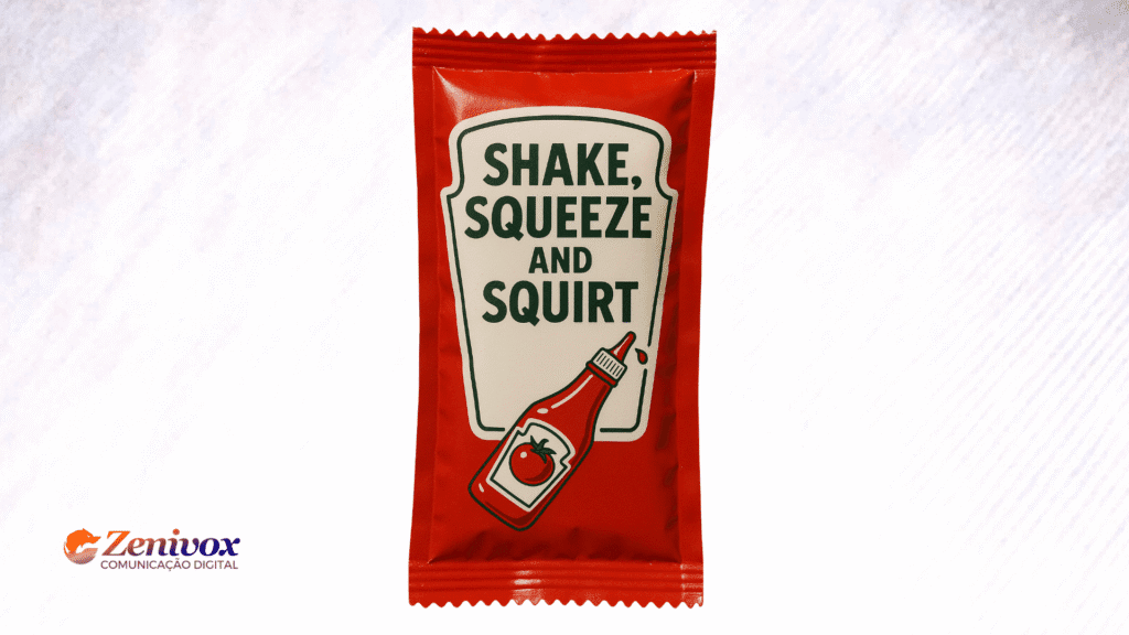 Sachê de ketchup da Pizza Hut UK com o slogan “Shake, Squeeze and Squirt” impresso em letras grandes. O design utiliza cores vermelha e branca, remetendo à identidade visual da marca, e apresenta um frasco de ketchup estilizado na parte inferior.