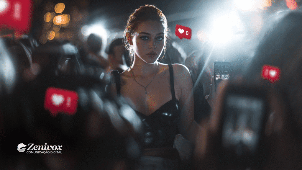 Influenciadora é cercada por flashes e celulares enquanto ícones de curtidas flutuam ao seu redor, simbolizando o impacto do engajamento e da conexão emocional com a audiência nas redes sociais.