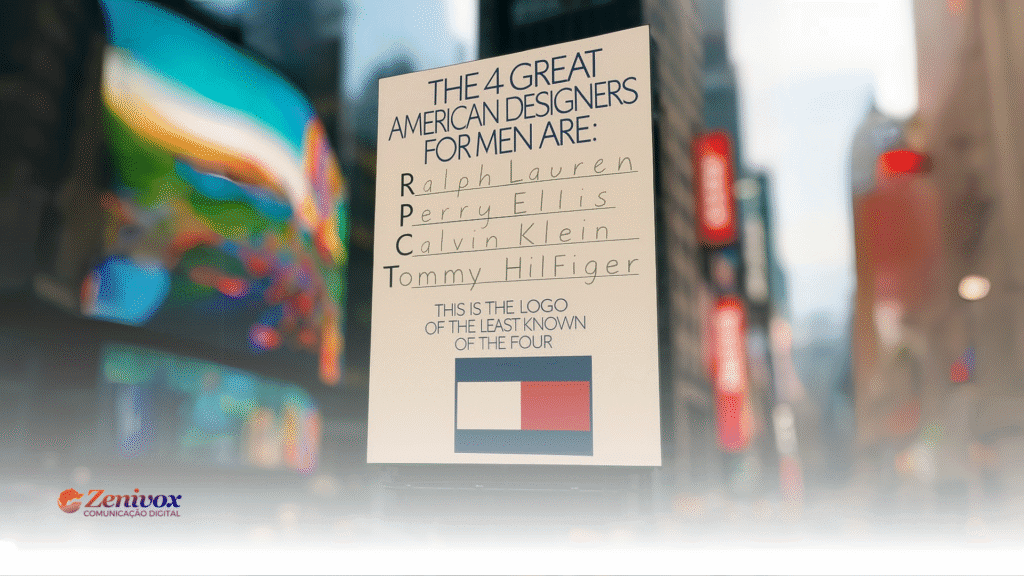 Outdoor na Times Square exibindo uma lista textual com os quatro grandes designers americanos para homens — Ralph Lauren, Perry Ellis, Calvin Klein e Tommy Hilfiger — com destaque para o logo de Tommy, apresentado como o "menos conhecido dos quatro".