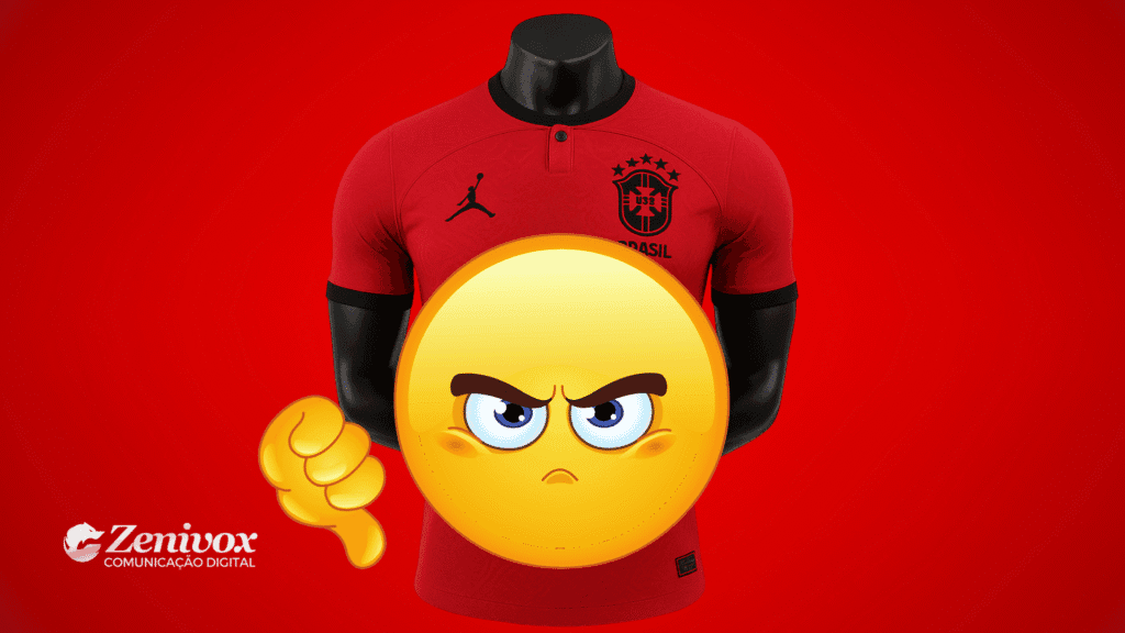 Camisa vermelha da Seleção Brasileira exibida em fundo vermelho, com logotipo semelhante ao da Jordan e um brasão adaptado da CBF. Um emoji bravo com polegar para baixo cobre parcialmente a camisa, indicando reprovação e gestão de marca. No canto inferior esquerdo, a marca Zenivox Comunicação Digital aparece em branco.