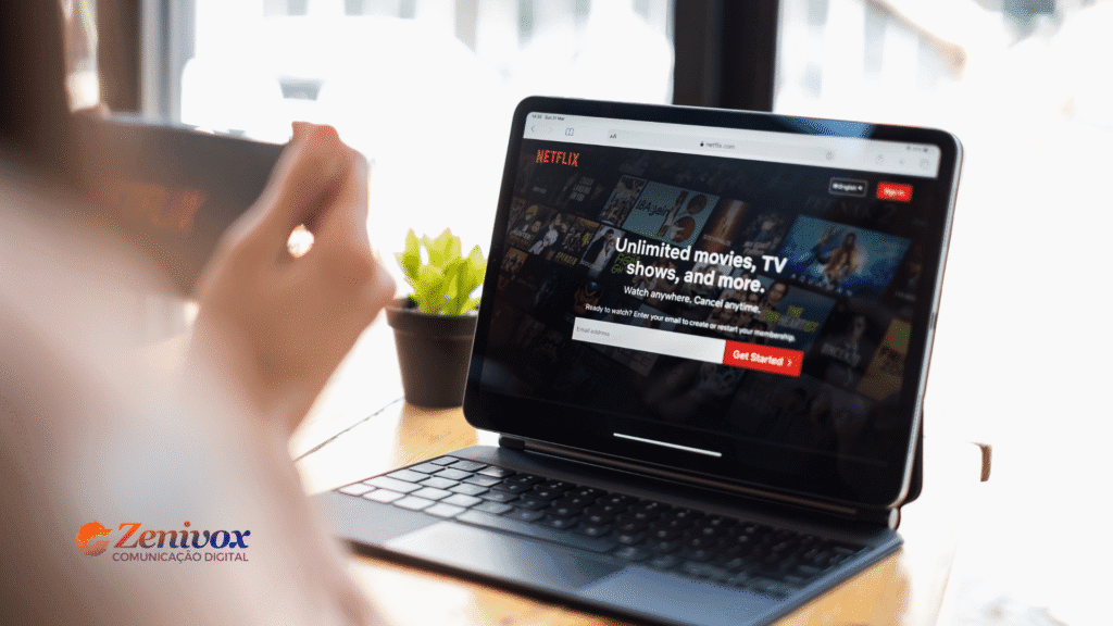 Tela inicial do processo de onboarding da Netflix exibida em um tablet, destacando a chamada para ação "Get Started" e o campo de inserção de e-mail para novos usuários, simbolizando o processo de onboarding de clientes dela.