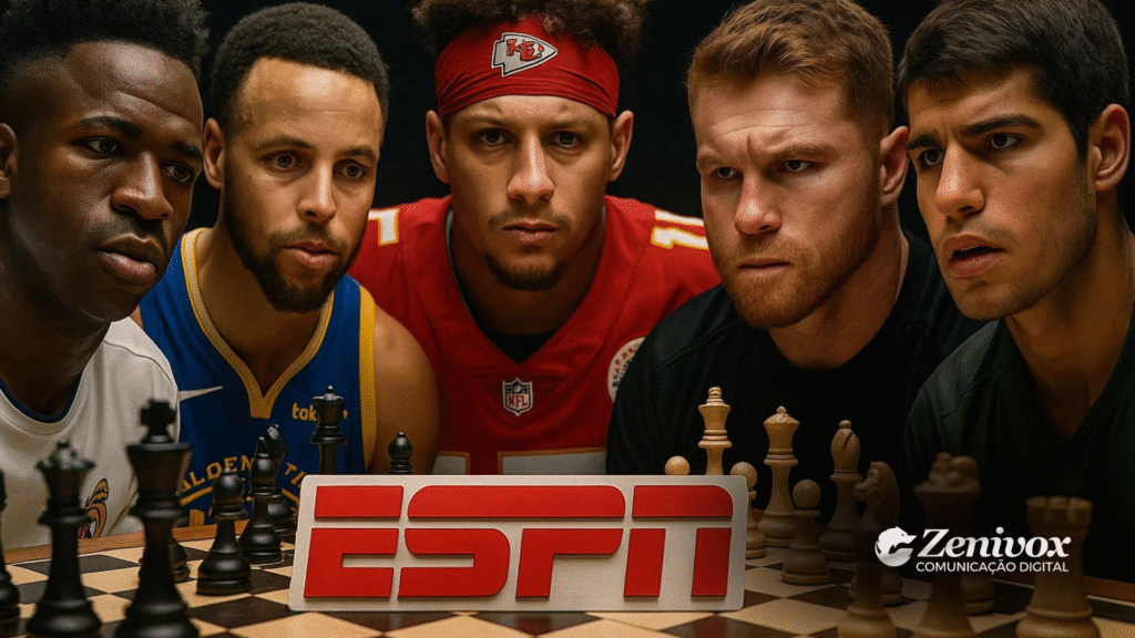 Gestão Estratégica: Inspire-se no Novo Streaming da ESPN - A imagem apresenta ícones do esporte em um cenário de concentração e estratégia, simbolizando o posicionamento estratégico da ESPN ao lançar seu novo serviço de streaming.