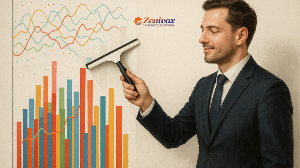 Homem de terno sorrindo enquanto utiliza um rodo para 'enxugar' dados e gráficos coloridos, representando a simplificação e organização dos processos empresariais. Imagem com logotipo da Zenivox, simbolizando a aplicação prática da Gestão Lean.