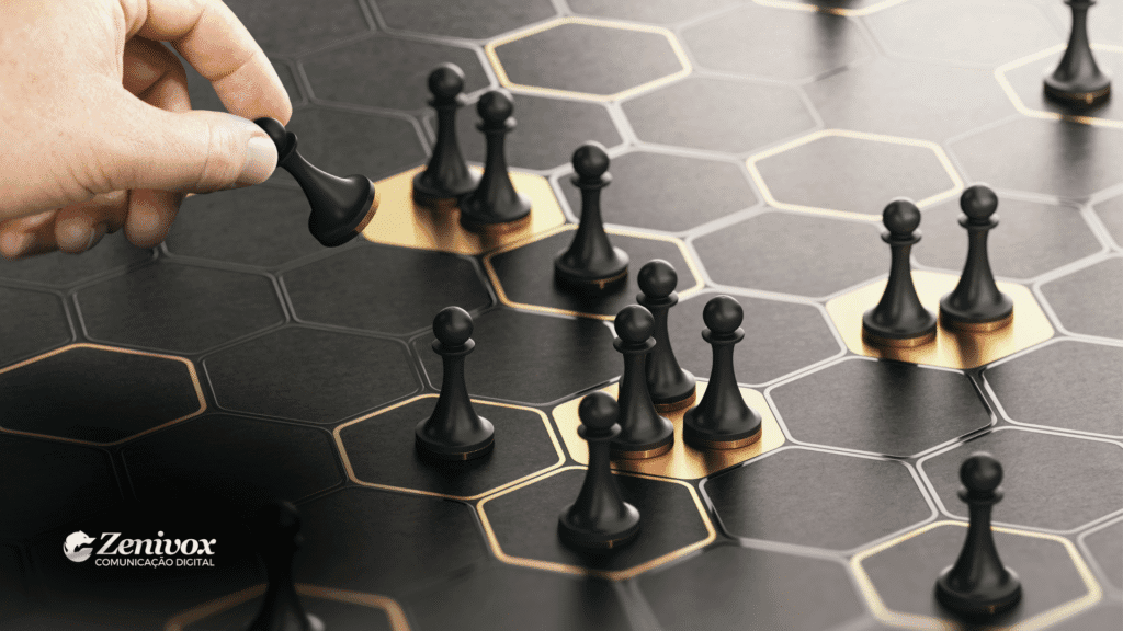 Peças de xadrez pretas sendo estrategicamente posicionadas em um tabuleiro hexagonal preto e dourado, simbolizando decisões estratégicas e planejamento no marketing.