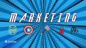 Marketing Estratégico com os Vingadores representado por ícones dos heróis e a palavra “MARKETING” em estilo HQ sobre fundo azul explosivo com efeito de ação.