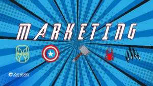 Marketing Estratégico com os Vingadores representado por ícones dos heróis e a palavra “MARKETING” em estilo HQ sobre fundo azul explosivo com efeito de ação.