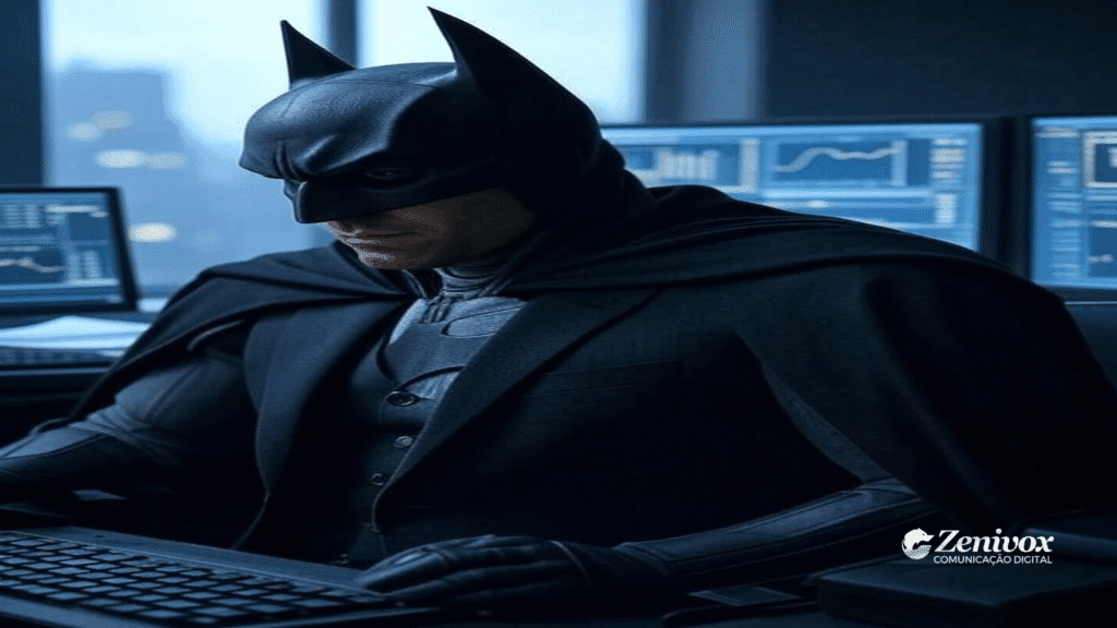 Batman – O Mestre do Planejamento e Análise de Dados no Departamento de Marketing
Imagem com o Batman em posição de análise estratégica, segurando gráficos, planilhas ou rodeado por telas digitais com dashboards de KPIs, métricas e gráficos de desempenho. O fundo pode ser escuro com tons de azul e preto, reforçando o clima investigativo e tecnológico.