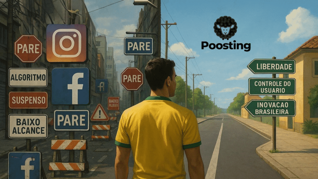 Homem de costas vestindo a camisa do Brasil se depara com duas estradas. À esquerda, sinais de “pare”, “baixo alcance”, “algoritmo” e logos do Instagram e Facebook. À direita, placas verdes apontam para “liberdade”, “controle do usuário” e “inovação brasileira”. No céu, o logo da Poosting.
