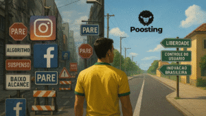 Homem de costas vestindo a camisa do Brasil se depara com duas estradas. À esquerda, sinais de “pare”, “baixo alcance”, “algoritmo” e logos do Instagram e Facebook. À direita, placas verdes apontam para “liberdade”, “controle do usuário” e “inovação brasileira”. No céu, o logo da Poosting.