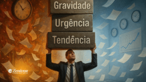 Homem de terno carrega três blocos empilhados com os critérios da Matriz GUT: Gravidade, Urgência e Tendência. Ao fundo, o cenário se divide entre caos (com papéis voando e gráficos em queda) e organização (com papéis em ordem e gráficos ascendentes), simbolizando o impacto da aplicação da matriz na tomada de decisões.