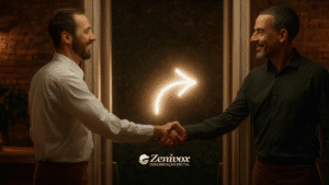 Dois homens sorridentes apertando as mãos em um ambiente elegante e acolhedor. Ao fundo, uma seta luminosa curva simboliza progresso ou direção, apontando da esquerda para a direita, simbolizando uma abordagem de vendas. Abaixo da imagem, o logotipo da Zenivox - Comunicação Digital aparece em destaque.