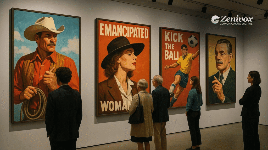 Pessoas observam uma galeria de arte com quadros inspirados em antigas campanhas publicitárias de cigarro. Os cartazes retratam figuras icônicas como um cowboy com laço, uma mulher emancipada de chapéu, um jogador de futebol chutando uma bola, e um homem elegante com bigode. As imagens têm estética retrô e tons quentes, remetendo ao estilo das propagandas das décadas de 50 a 70.