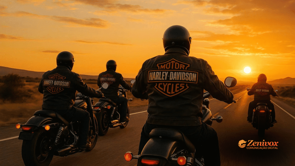 Quatro motociclistas vestindo jaquetas com o logotipo da Harley-Davidson pilotam juntos ao pôr do sol em uma estrada deserta. A imagem transmite liberdade, irmandade e pertencimento à marca, que é o segreda identidade de marca forte da Harley.
