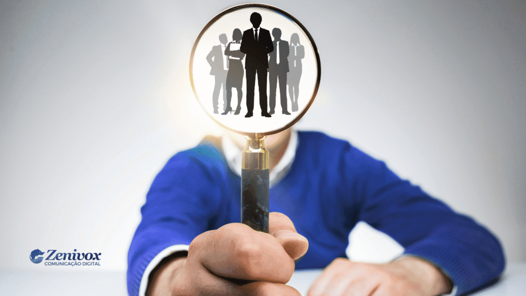 Pessoa segura uma lupa voltada para a câmera, com a lente ampliando a imagem de silhuetas de profissionais de negócios. A imagem simboliza a identificação e valorização de talentos para uma gestão por competência. No canto inferior esquerdo, está o logotipo da Zenivox Comunicação Digital.