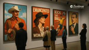 Pessoas observam uma galeria de arte com quadros inspirados em antigas campanhas publicitárias de cigarro. Os cartazes retratam figuras icônicas como um cowboy com laço, uma mulher emancipada de chapéu, um jogador de futebol chutando uma bola, e um homem elegante com bigode. As imagens têm estética retrô e tons quentes, remetendo ao estilo das propagandas das décadas de 50 a 70.