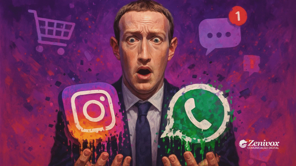 Homem assustado com semblante de desespero segura os ícones do Instagram e do WhatsApp derretendo nas mãos, em meio a um fundo roxo com símbolos de mensagem e carrinho de compras. A imagem representa o impacto do empreendedorismo digital em risco e do possível fim da Meta nas estratégias de venda e atração digital. Logotipo da Zenivox no canto inferior direito.