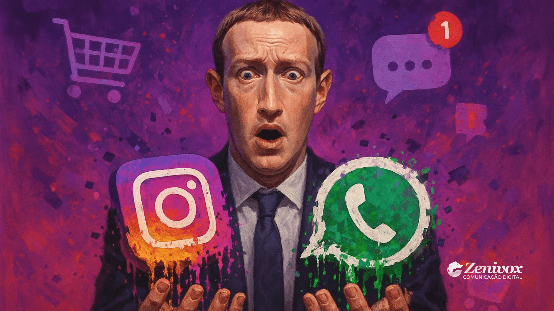 Homem assustado com semblante de desespero segura os ícones do Instagram e do WhatsApp derretendo nas mãos, em meio a um fundo roxo com símbolos de mensagem e carrinho de compras. A imagem representa o impacto do empreendedorismo digital em risco e do possível fim da Meta nas estratégias de venda e atração digital. Logotipo da Zenivox no canto inferior direito.