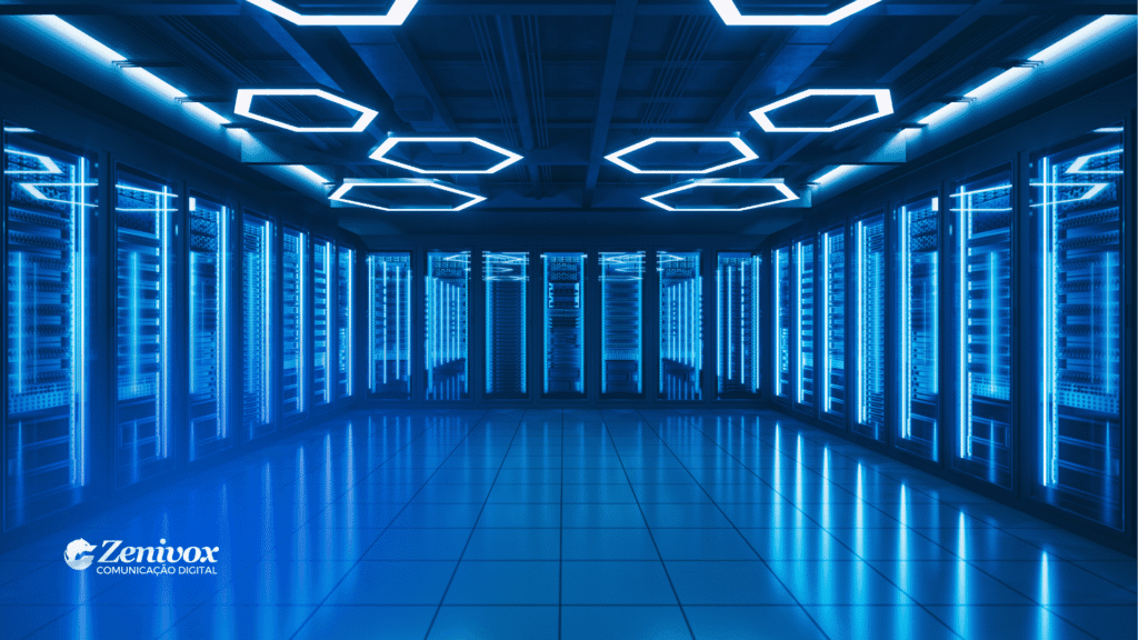 Sala moderna de data center iluminada por luzes LED azuis, representando o empreendedorismo por oportunidade no setor de infraestrutura digital incentivado por políticas públicas e benefícios fiscais.