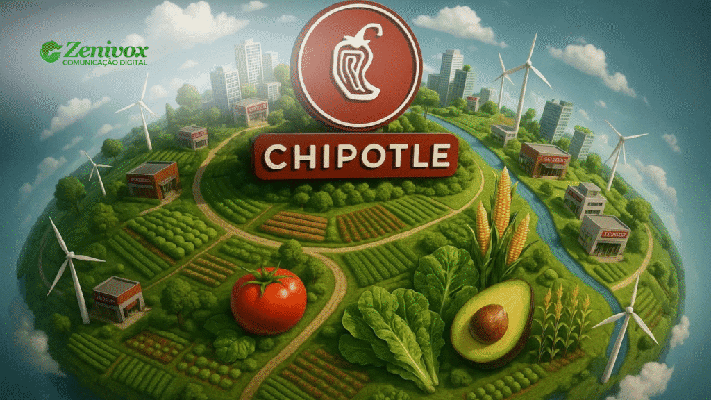 Ilustração vibrante de um planeta sustentável, com fazendas verdes, painéis solares, turbinas eólicas e vegetais frescos como tomate, milho, abacate e alface. Ao centro, está o logo da Chipotle destacado em vermelho. No canto superior esquerdo, aparece o logo da Zenivox Comunicação Digital. Ao fundo, há cidades integradas à natureza, simbolizando o marketing sustentável da marca.