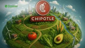 Ilustração vibrante de um planeta sustentável, com fazendas verdes, painéis solares, turbinas eólicas e vegetais frescos como tomate, milho, abacate e alface. Ao centro, está o logo da Chipotle destacado em vermelho. No canto superior esquerdo, aparece o logo da Zenivox Comunicação Digital. Ao fundo, há cidades integradas à natureza, simbolizando o marketing sustentável da marca.