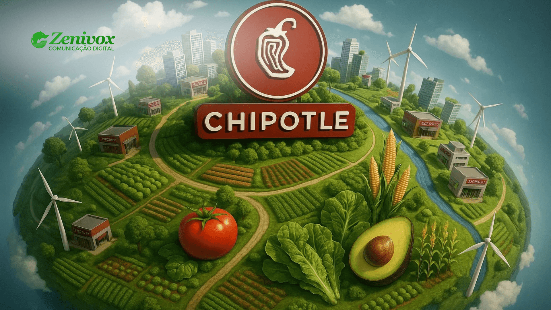 Ilustração vibrante de um planeta sustentável, com fazendas verdes, painéis solares, turbinas eólicas e vegetais frescos como tomate, milho, abacate e alface. Ao centro, está o logo da Chipotle destacado em vermelho. No canto superior esquerdo, aparece o logo da Zenivox Comunicação Digital. Ao fundo, há cidades integradas à natureza, simbolizando o marketing sustentável da marca.