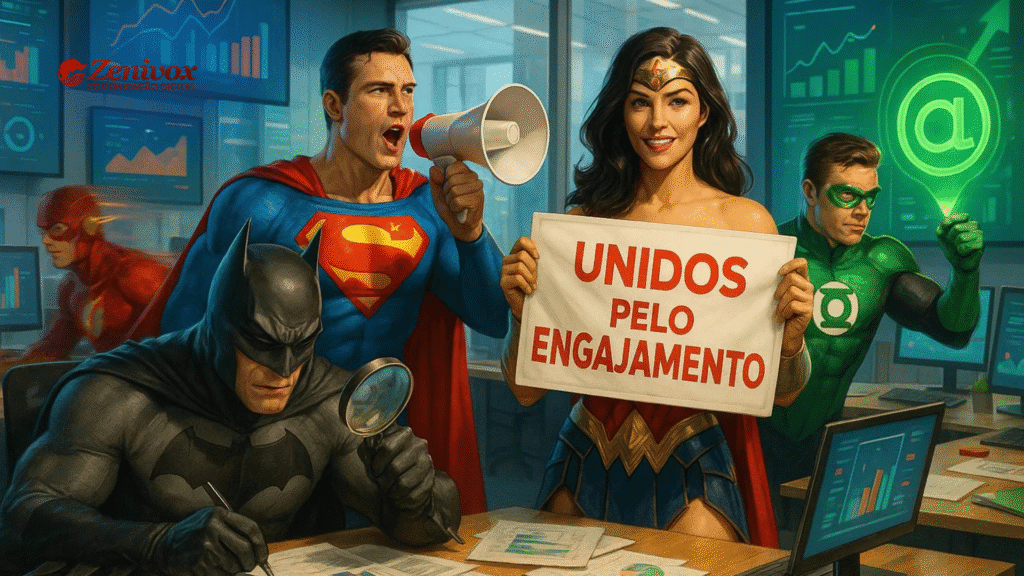 Ilustração realista e estilizada da Liga da Justiça atuando como profissionais de departamento de marketing em um escritório moderno. Superman está com um megafone, Mulher-Maravilha segura um cartaz com a frase "Unidos pelo Engajamento", Batman analisa gráficos com uma lupa, Flash se move rapidamente entre computadores e Lanterna Verde projeta um holograma digital. Ao fundo, painéis exibem dados e gráficos de performance. No canto superior esquerdo, o logo da Zenivox aparece como patrocinador da ação.