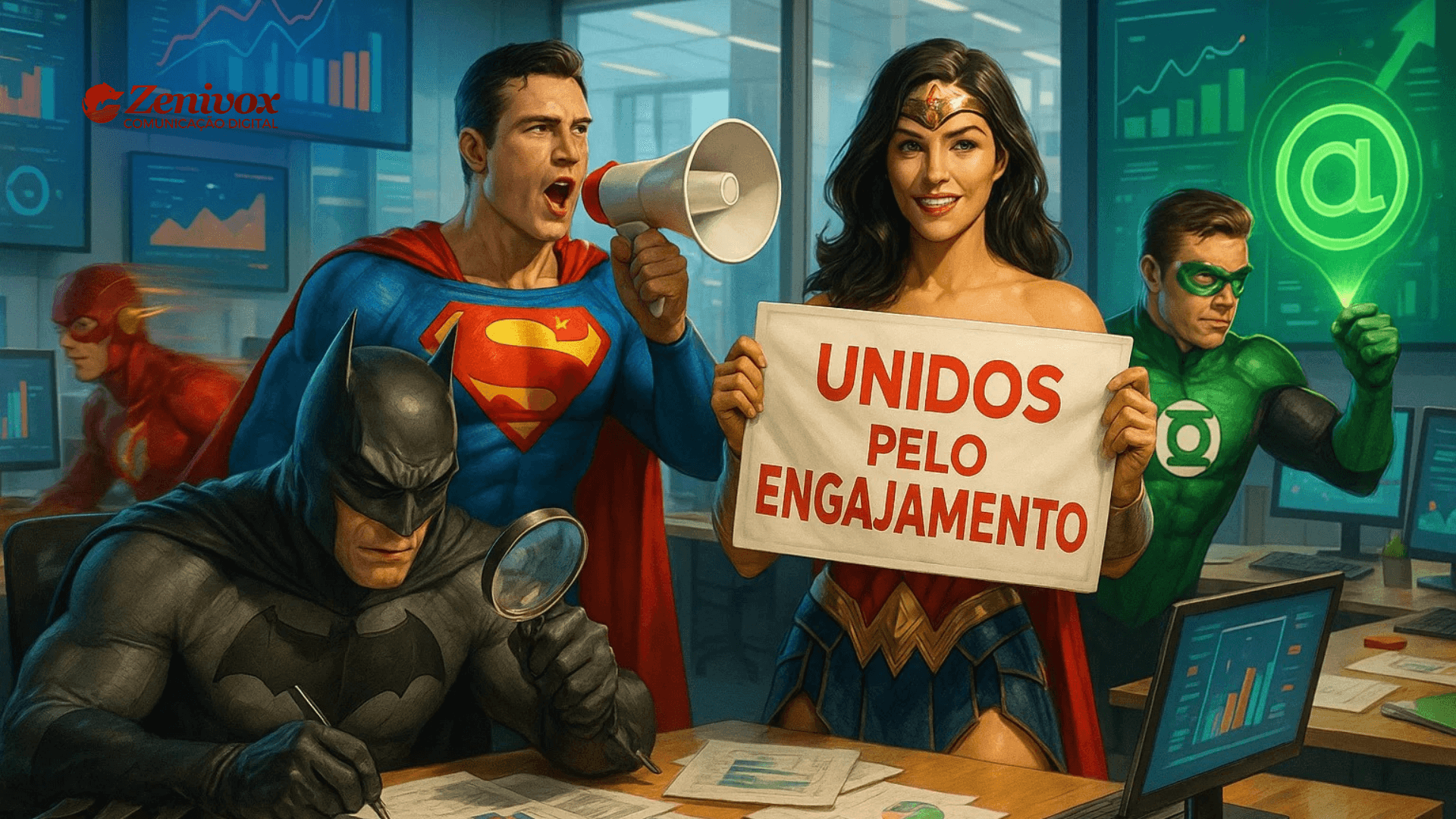 Ilustração realista e estilizada da Liga da Justiça atuando como profissionais de departamento de marketing em um escritório moderno. Superman está com um megafone, Mulher-Maravilha segura um cartaz com a frase "Unidos pelo Engajamento", Batman analisa gráficos com uma lupa, Flash se move rapidamente entre computadores e Lanterna Verde projeta um holograma digital. Ao fundo, painéis exibem dados e gráficos de performance. No canto superior esquerdo, o logo da Zenivox aparece como patrocinador da ação.