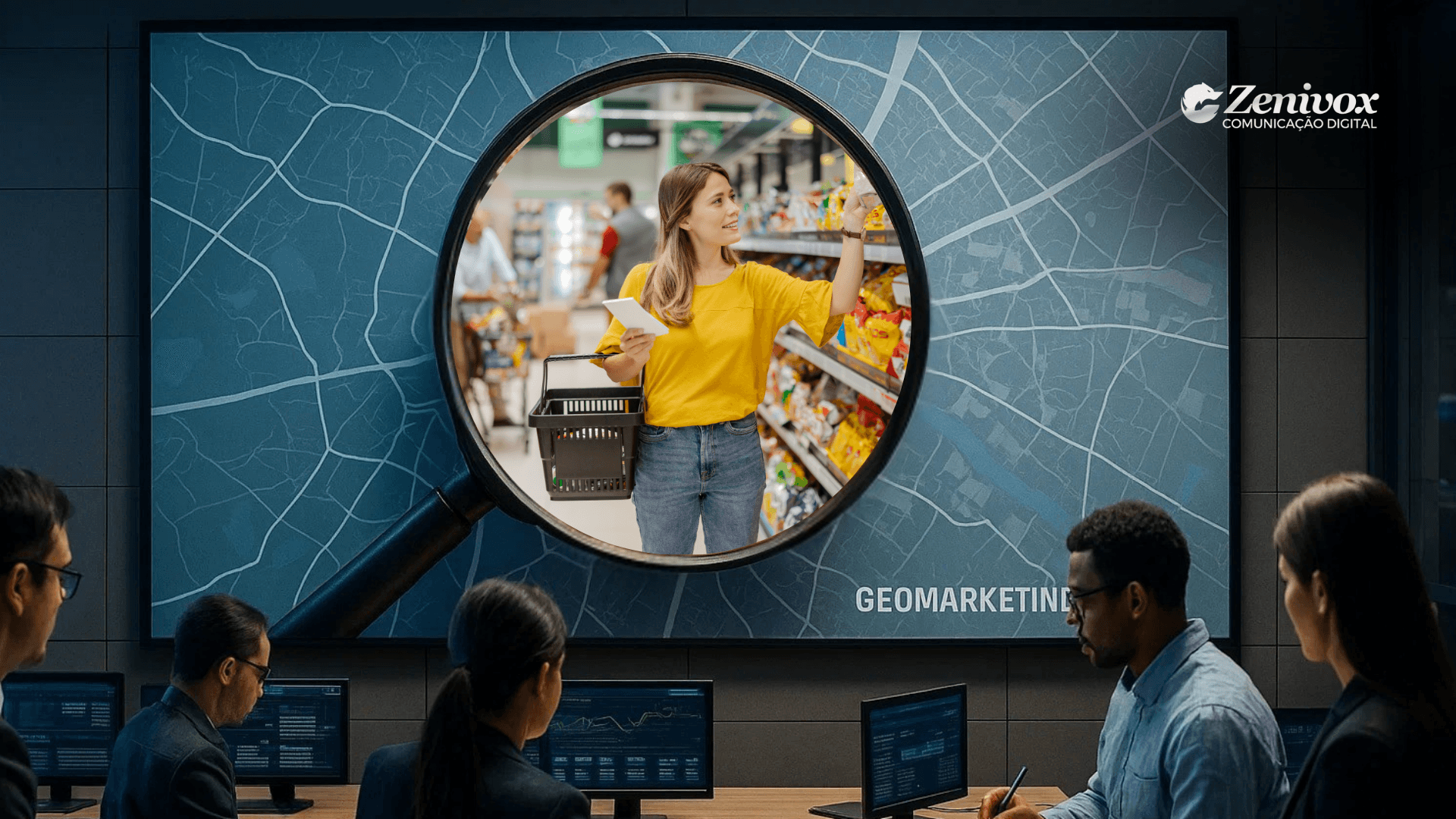 Em uma sala de análise com profissionais reunidos diante de computadores, uma grande tela exibe um mapa com linhas de ruas. No centro da tela, uma lente de aumento revela uma mulher sorridente fazendo compras em um supermercado, segurando uma cesta e uma lista. A imagem simboliza como o geomarketing permite observar o comportamento do consumidor em nível local. No canto superior direito está o logotipo da Zenivox Comunicação Digital, e no canto inferior direito lê-se "Geomarketing".