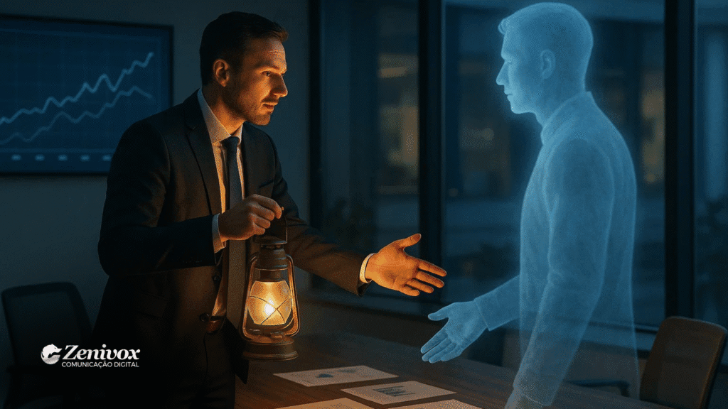 Homem de negócios segura uma lanterna acesa e estende a mão para cumprimentar a silhueta azulada e translúcida de um cliente ausente, representando um “cliente fantasma”. A cena acontece em um escritório moderno à noite, com gráficos ao fundo. A imagem ilustra a tentativa de Como Recuperar Clientes Perdidos.