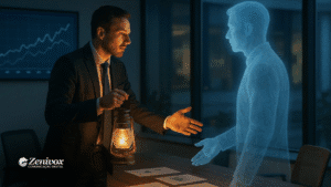 Homem de negócios segura uma lanterna acesa e estende a mão para cumprimentar a silhueta azulada e translúcida de um cliente ausente, representando um “cliente fantasma”. A cena acontece em um escritório moderno à noite, com gráficos ao fundo. A imagem ilustra a tentativa de Como Recuperar Clientes Perdidos.