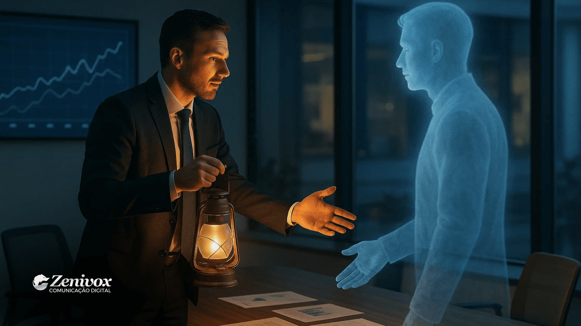Homem de negócios segura uma lanterna acesa e estende a mão para cumprimentar a silhueta azulada e translúcida de um cliente ausente, representando um “cliente fantasma”. A cena acontece em um escritório moderno à noite, com gráficos ao fundo. A imagem ilustra a tentativa de Como Recuperar Clientes Perdidos.