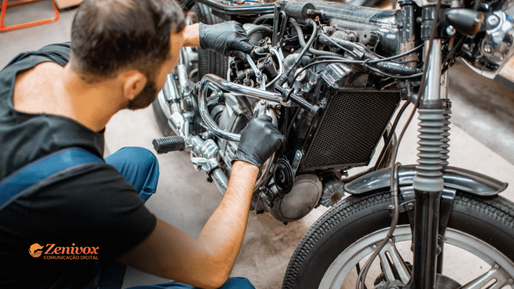 Homem usando luvas de proteção faz manutenção no motor de uma motocicleta desmontada em uma oficina. A imagem transmite cuidado, precisão e construção meticulosa — simbolizando o processo artesanal de construir uma identidade de marca forte.