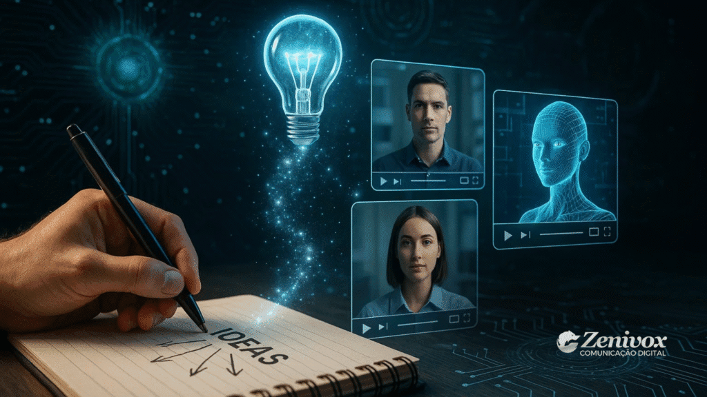 Imagem com ambiente futurista e tecnológico. À esquerda, uma mão escreve a palavra “IDEAS” em um caderno, enquanto uma lâmpada flutuante representa uma ideia ganhando forma. À direita, três telas digitais mostram avatares humanos e um avatar gerado por IA, todos simulando vídeos de apresentação com IA . O fundo tem circuitos digitais e o logotipo da Zenivox Comunicação Digital no canto inferior direito.