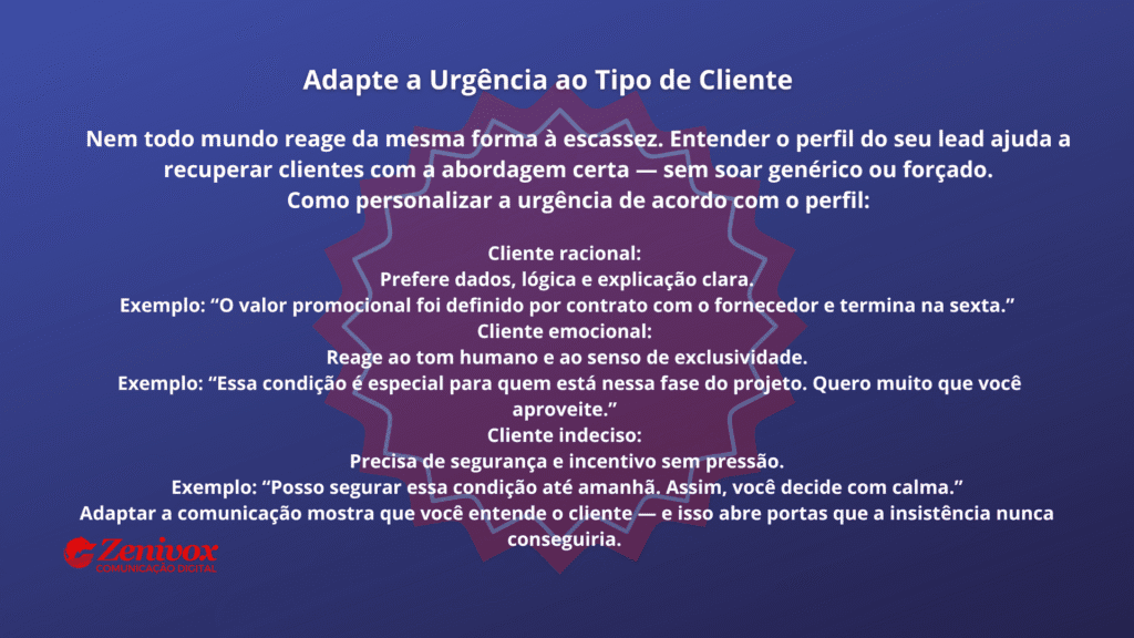Imagem com fundo azul e o logotipo da Zenivox Comunicação Digital no canto inferior esquerdo. Ao centro, o texto “Adapte a Urgência ao Tipo de Cliente” explica como personalizar abordagens de urgência para diferentes perfis de cliente: racional, emocional e indeciso — com exemplos de frases adequadas para cada caso.