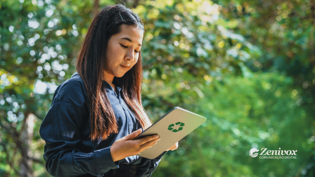 Mulher jovem com expressão concentrada segura um tablet com o símbolo da reciclagem estampado na parte traseira, enquanto está em meio à natureza. Ela veste camisa azul escura e está rodeada por uma paisagem verde e iluminada. No canto inferior direito, aparece o logotipo da Zenivox Comunicação Digital.