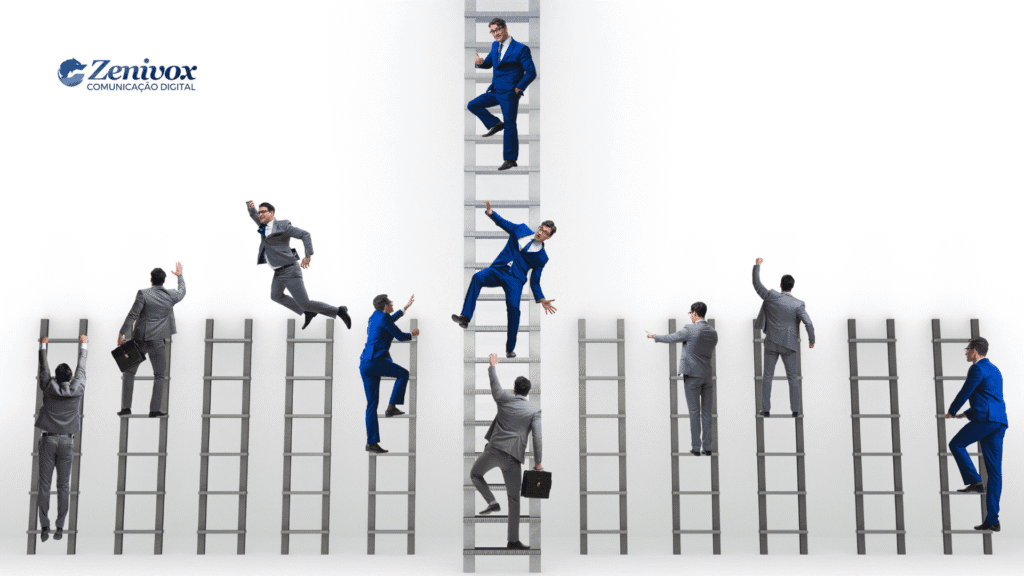 Homens de negócios sobem escadas em direções diferentes. Um deles, de terno azul, está visivelmente à frente, no topo da escada central, representando destaque por competência. Ao fundo, plano branco com o logotipo da Zenivox Comunicação Digital no canto superior esquerdo.