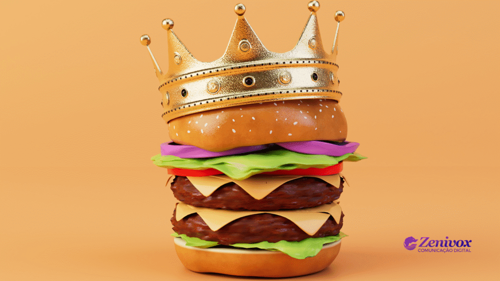 Hambúrguer estilizado com camadas generosas de carne, queijo, alface, tomate e cebola, coroado com uma coroa dourada de rei, sobre fundo laranja, representando o destaque e a grandiosidade das ações de marketing do Burger King.