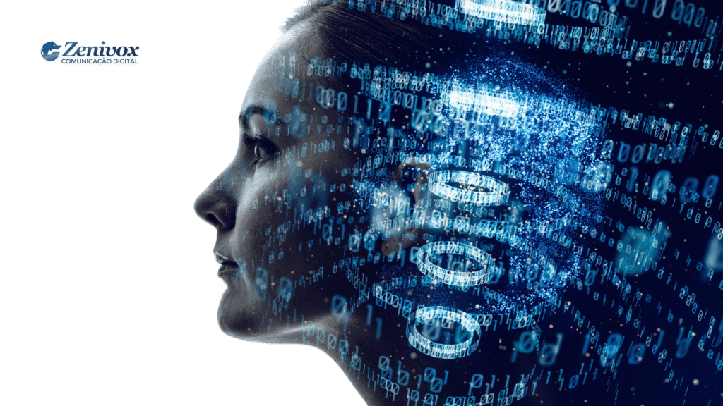 Imagem conceitual mostrando o perfil lateral de uma mulher com projeções digitais de dados e inteligência, simbolizando a reflexão e o processo de tomada de decisão no empreendedorismo por oportunidade.
