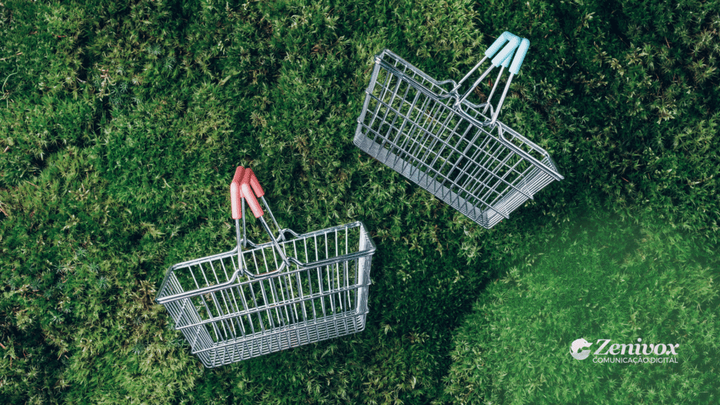 Duas cestas metálicas de compras com alças coloridas (uma vermelha e outra azul) estão posicionadas sobre uma superfície verde de vegetação densa, representando um contraste entre consumo e natureza e como fazer marketing sustentável . No canto inferior direito da imagem aparece o logotipo da Zenivox Comunicação Digital.