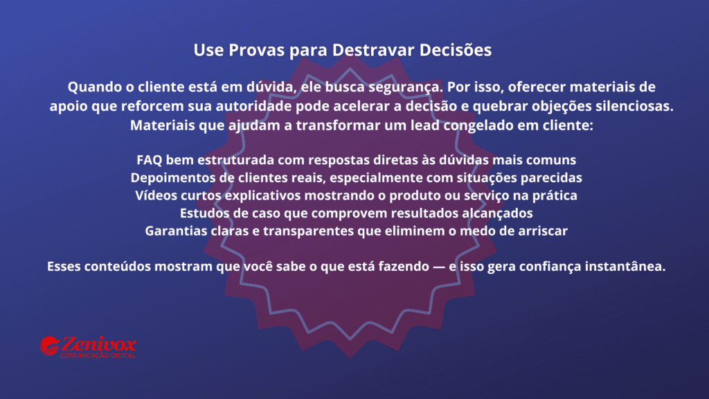 Imagem com fundo azul e o logotipo da Zenivox Comunicação Digital no canto inferior esquerdo. No centro, texto branco orienta sobre como usar provas sociais e materiais de apoio para ajudar clientes indecisos a tomarem decisões, com uma lista de conteúdos recomendados.