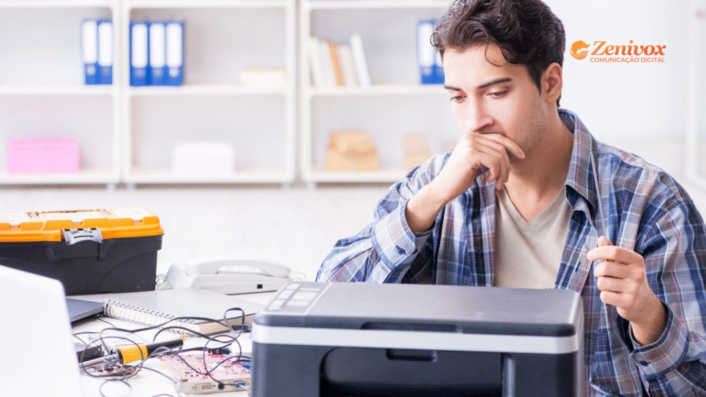 Homem com expressão preocupada, olhando para um equipamento eletrônico sobre a mesa. Ele segura uma ferramenta na mão e parece refletir sobre como resolver o problema. No fundo, estantes desfocadas e o logo da Zenivox Comunicação Digital no canto superior direito.