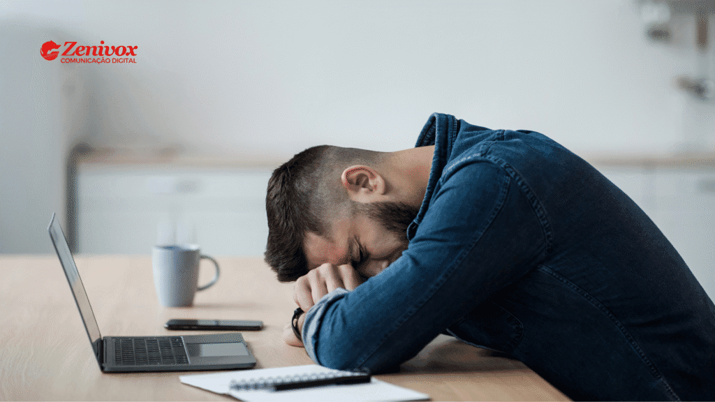 Homem com expressão de frustração encostado sobre a mesa de trabalho, com um notebook, celular e caderno à frente. A cena transmite cansaço ou desânimo, representando o sentimento comum de vendedores ao lidar com clientes que não retornam. No canto superior esquerdo, o logotipo da Zenivox Comunicação Digital.