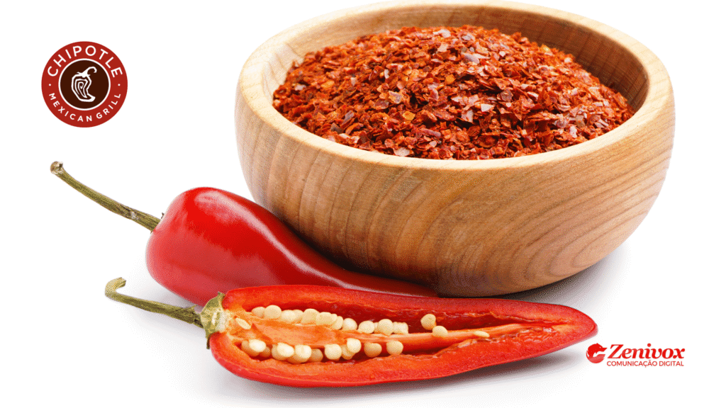 Imagem com fundo branco apresentando uma tigela de madeira cheia de pimenta chipotle desidratada, acompanhada de uma pimenta vermelha inteira e outra cortada ao meio com sementes expostas. No canto superior esquerdo está o logotipo da rede Chipotle Mexican Grill. No canto inferior direito, o logotipo da Zenivox Comunicação Digital.